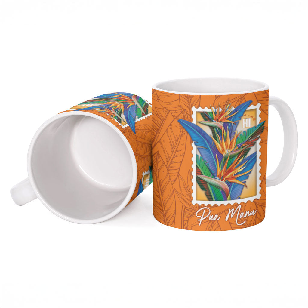 Aloha Hawaii Pua Manu Ceramic Mug Hawaiian Bird of Paradise Flowers Stylized Stamp LT14 - Polynesian Pride