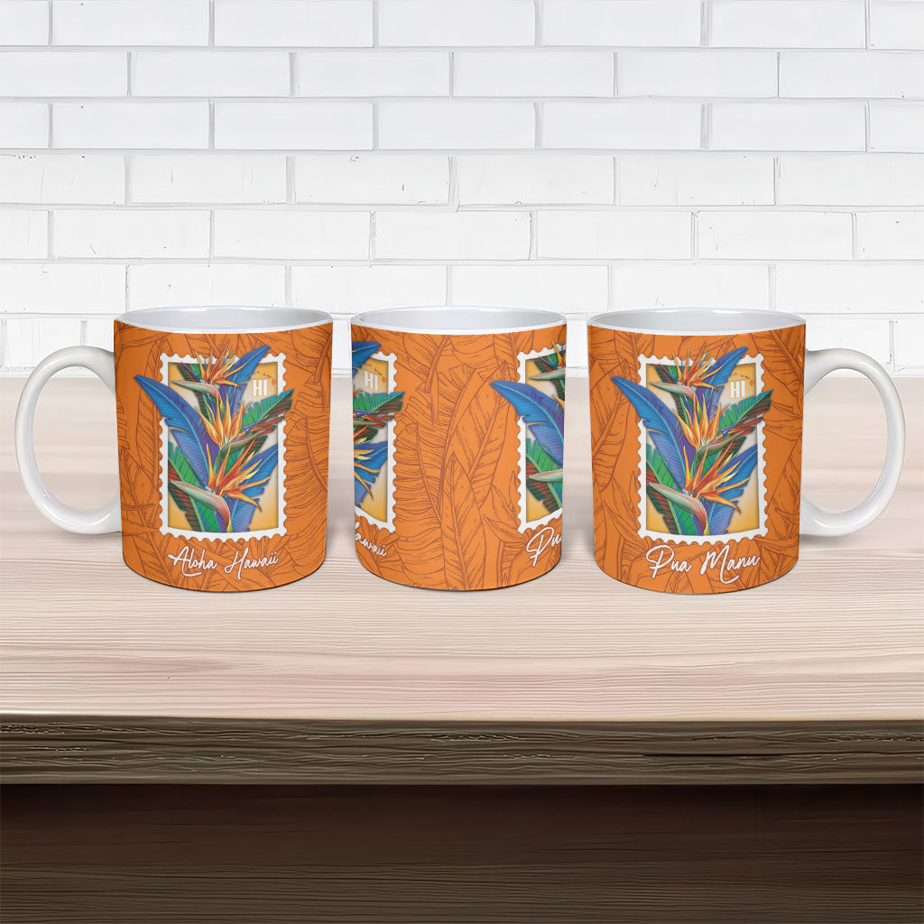 Aloha Hawaii Pua Manu Ceramic Mug Hawaiian Bird of Paradise Flowers Stylized Stamp LT14 - Polynesian Pride