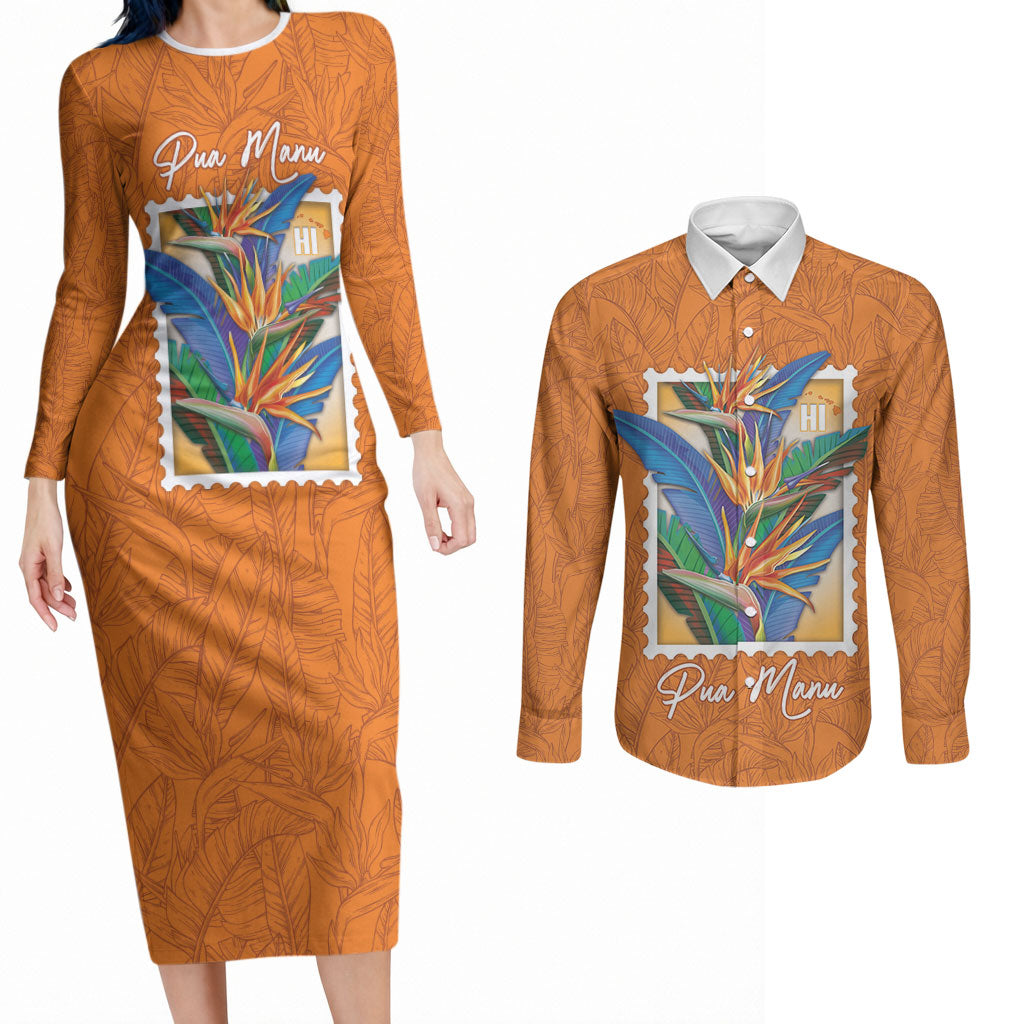 Aloha Hawaii Pua Manu Couples Matching Long Sleeve Bodycon Dress and Long Sleeve Button Shirt Hawaiian Bird of Paradise Flowers Stylized Stamp LT14 Orange - Polynesian Pride