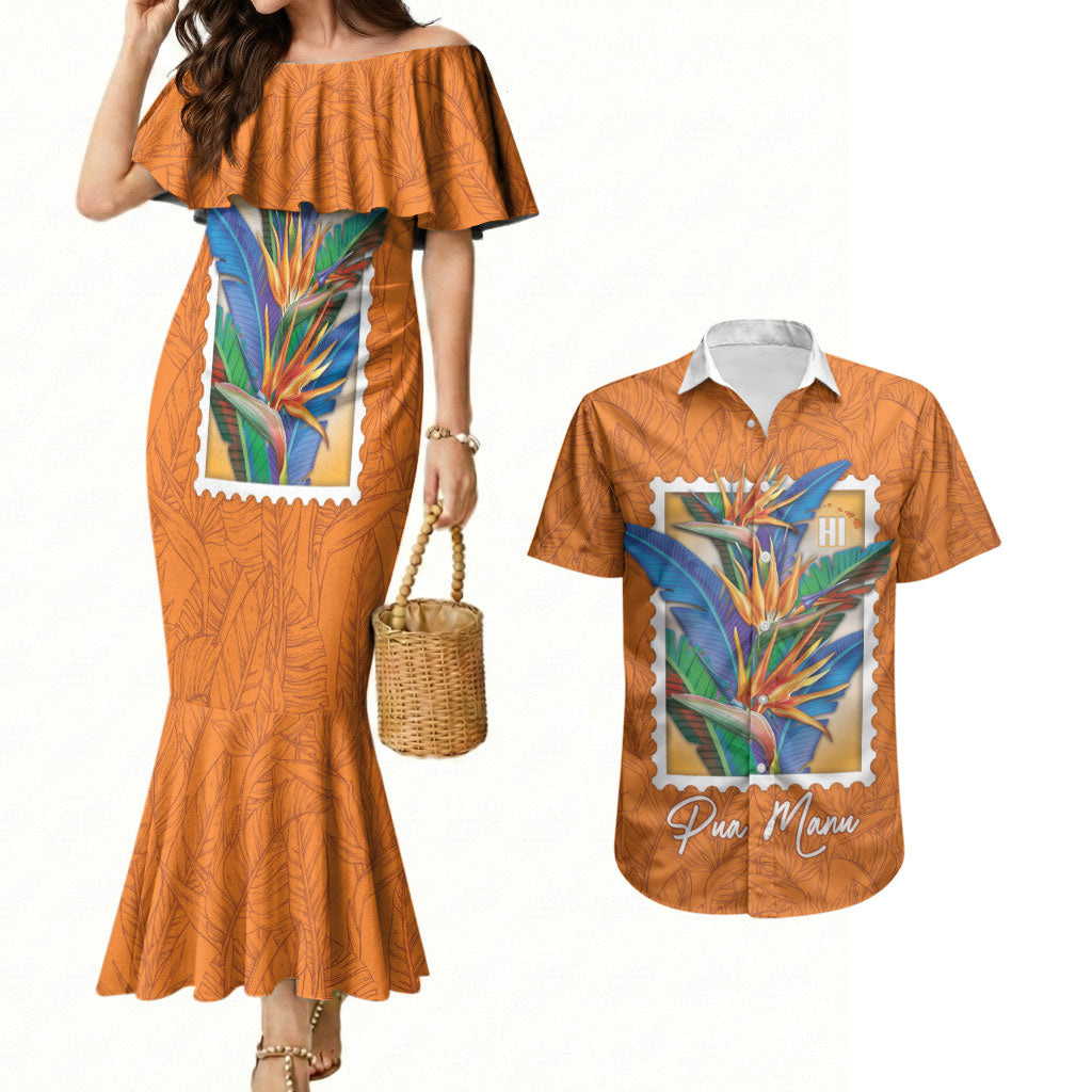 Aloha Hawaii Pua Manu Couples Matching Mermaid Dress and Hawaiian Shirt Hawaiian Bird of Paradise Flowers Stylized Stamp LT14 Orange - Polynesian Pride