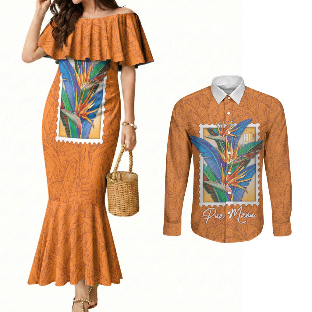Aloha Hawaii Pua Manu Couples Matching Mermaid Dress and Long Sleeve Button Shirt Hawaiian Bird of Paradise Flowers Stylized Stamp