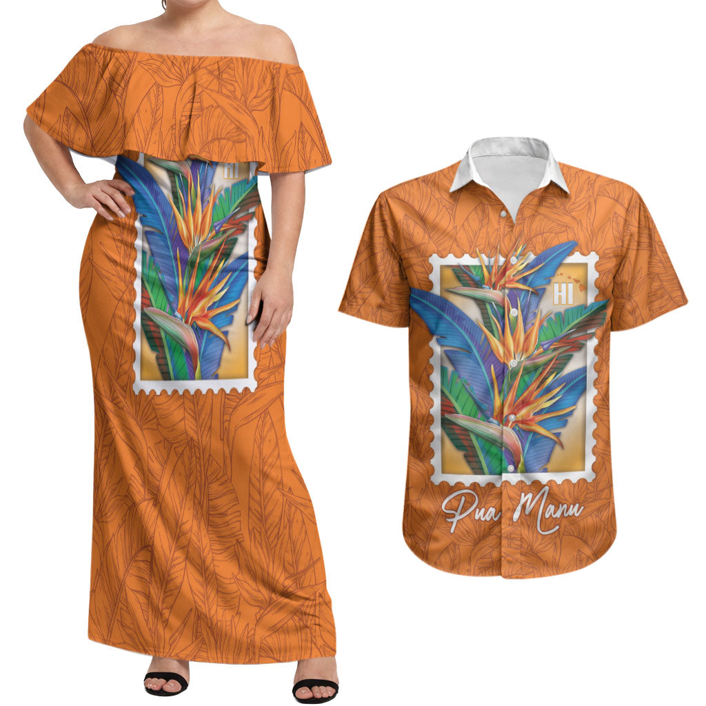 Aloha Hawaii Pua Manu Couples Matching Off Shoulder Maxi Dress and Hawaiian Shirt Hawaiian Bird of Paradise Flowers Stylized Stamp LT14 Orange - Polynesian Pride