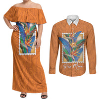 Aloha Hawaii Pua Manu Couples Matching Off Shoulder Maxi Dress and Long Sleeve Button Shirt Hawaiian Bird of Paradise Flowers Stylized Stamp LT14 Orange - Polynesian Pride