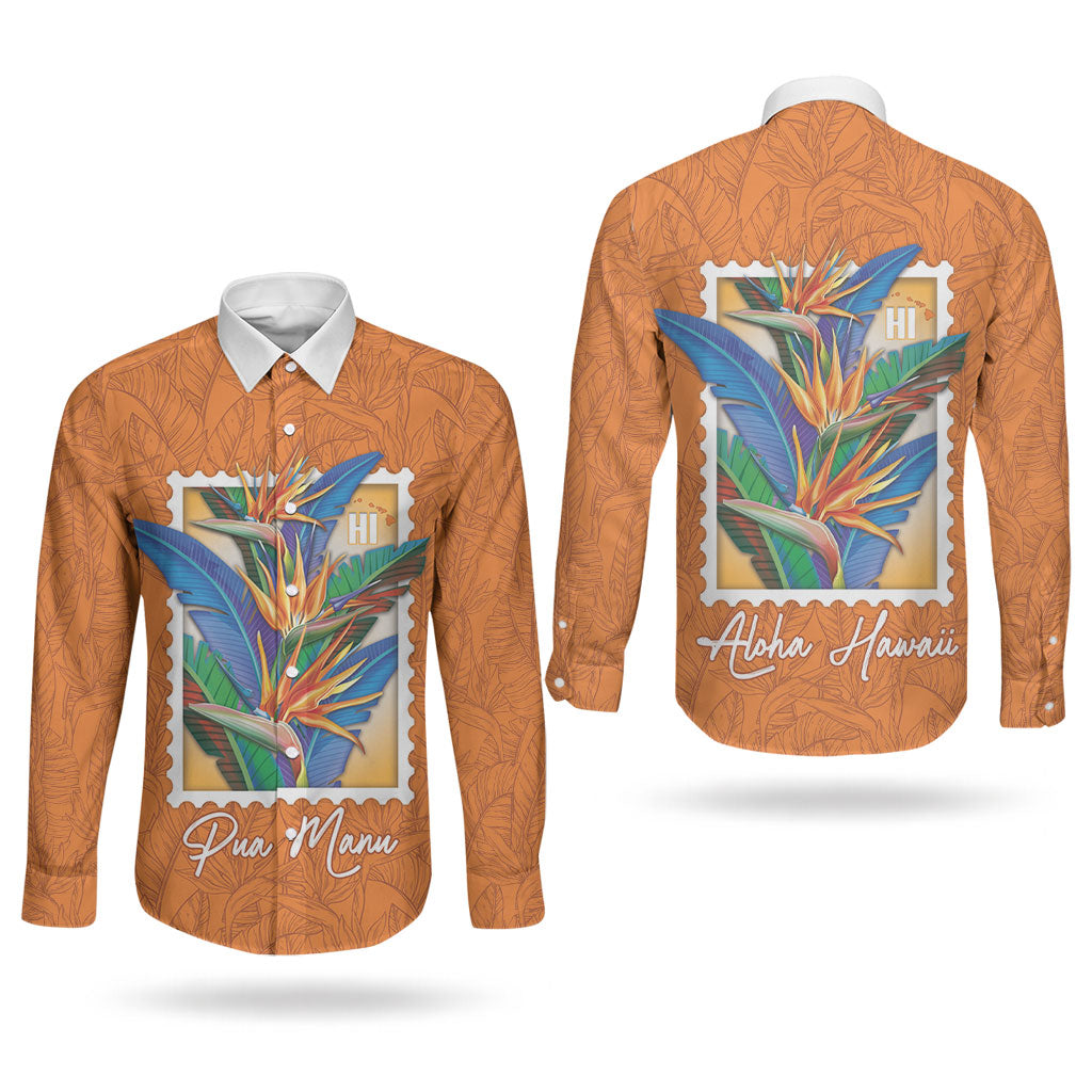 Aloha Hawaii Pua Manu Couples Matching Off Shoulder Maxi Dress and Long Sleeve Button Shirt Hawaiian Bird of Paradise Flowers Stylized Stamp LT14 - Polynesian Pride