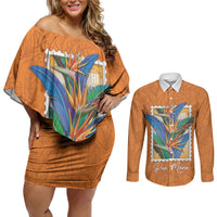 Aloha Hawaii Pua Manu Couples Matching Off Shoulder Short Dress and Long Sleeve Button Shirt Hawaiian Bird of Paradise Flowers Stylized Stamp LT14 Orange - Polynesian Pride