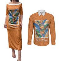Aloha Hawaii Pua Manu Couples Matching Puletasi and Long Sleeve Button Shirt Hawaiian Bird of Paradise Flowers Stylized Stamp LT14 Orange - Polynesian Pride