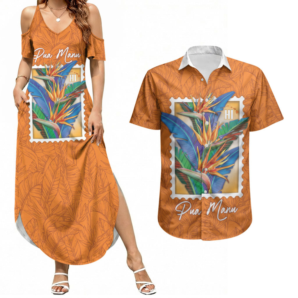 Aloha Hawaii Pua Manu Couples Matching Summer Maxi Dress and Hawaiian Shirt Hawaiian Bird of Paradise Flowers Stylized Stamp LT14 Orange - Polynesian Pride