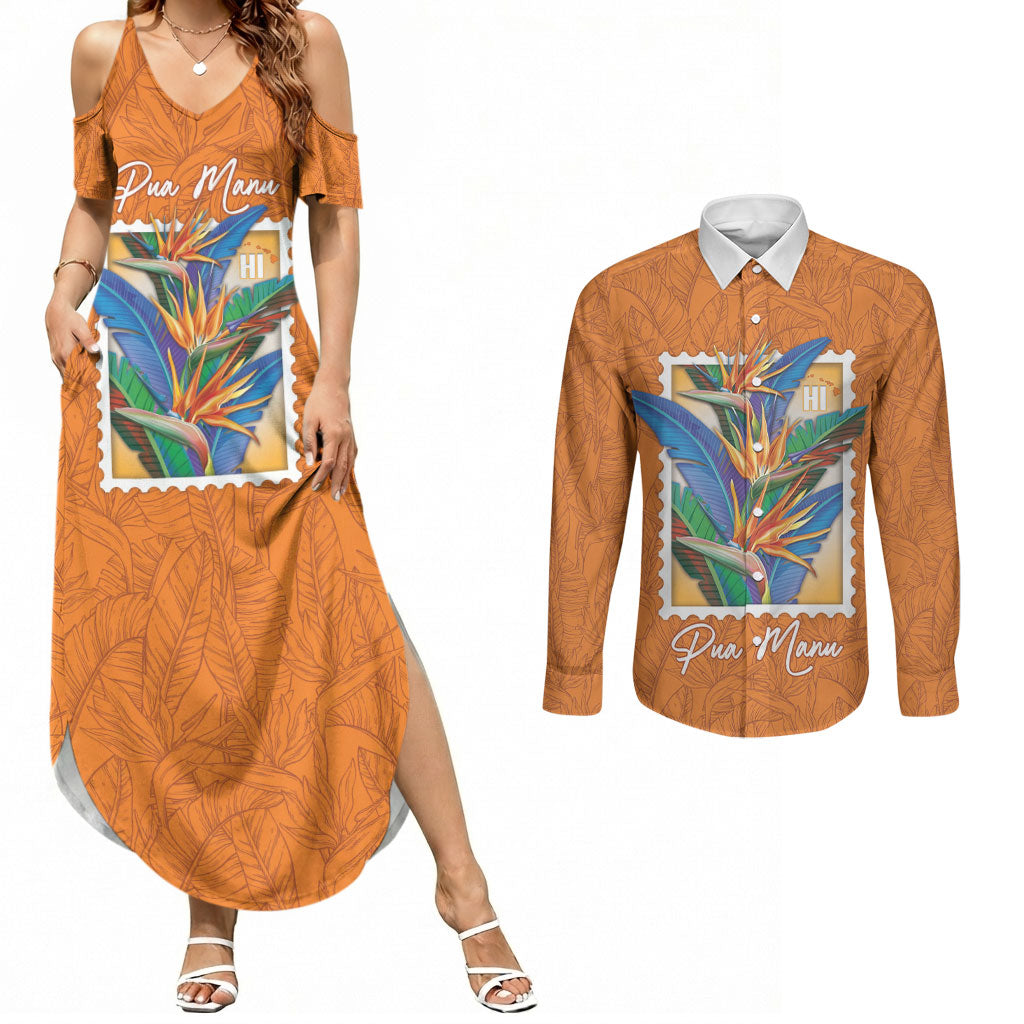 Aloha Hawaii Pua Manu Couples Matching Summer Maxi Dress and Long Sleeve Button Shirt Hawaiian Bird of Paradise Flowers Stylized Stamp LT14 Orange - Polynesian Pride