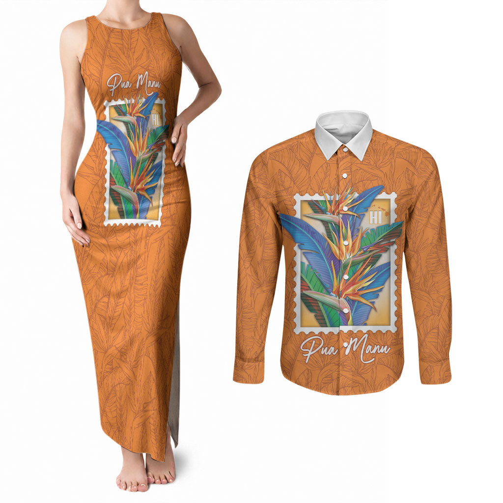 Aloha Hawaii Pua Manu Couples Matching Tank Maxi Dress and Long Sleeve Button Shirt Hawaiian Bird of Paradise Flowers Stylized Stamp