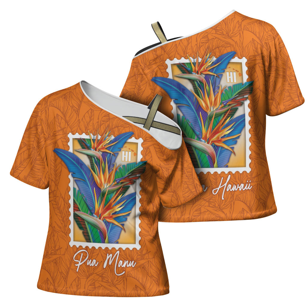Aloha Hawaii Pua Manu Cross Shoulder Shirt Hawaiian Bird of Paradise Flowers Stylized Stamp LT14 - Polynesian Pride
