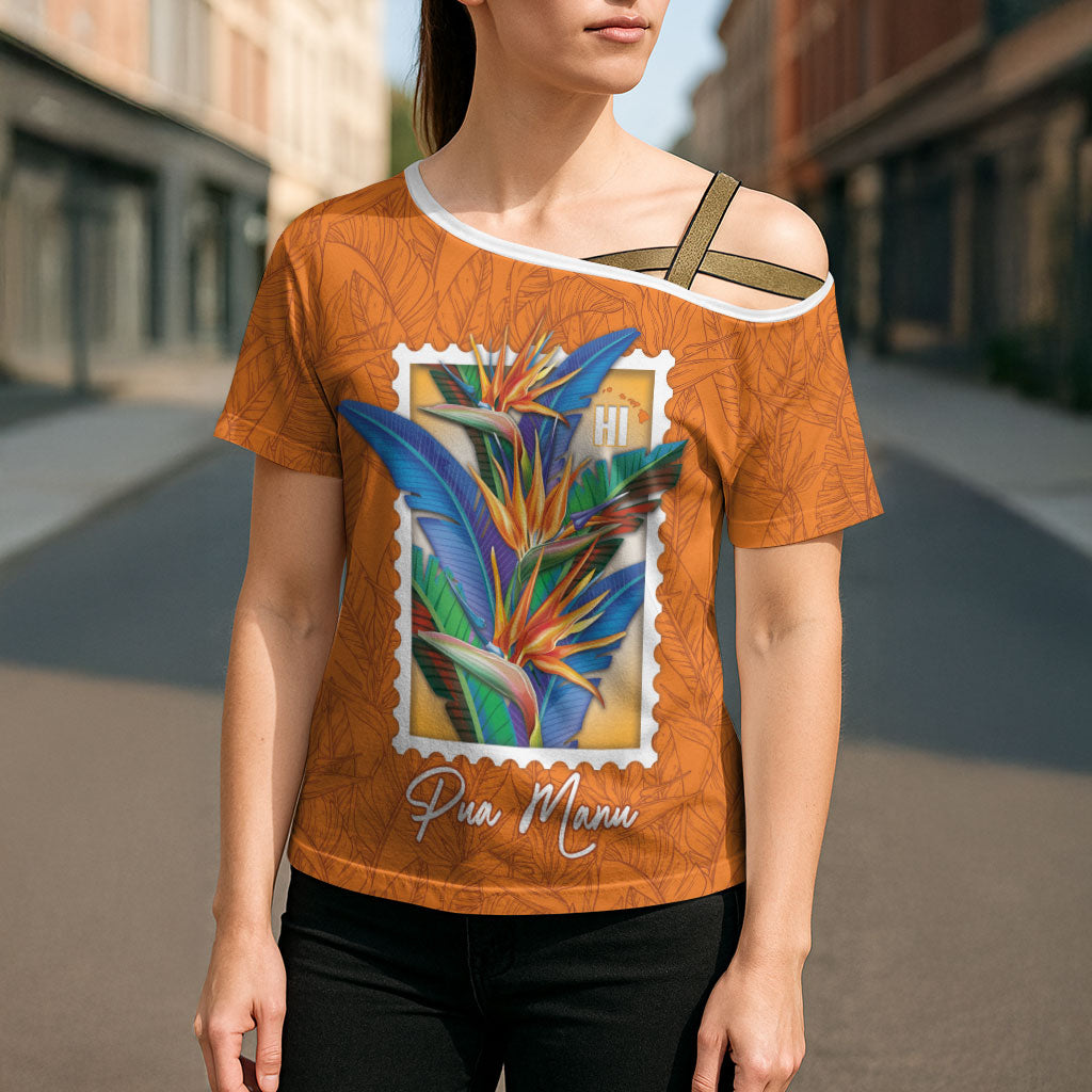 Aloha Hawaii Pua Manu Cross Shoulder Shirt Hawaiian Bird of Paradise Flowers Stylized Stamp LT14 - Polynesian Pride