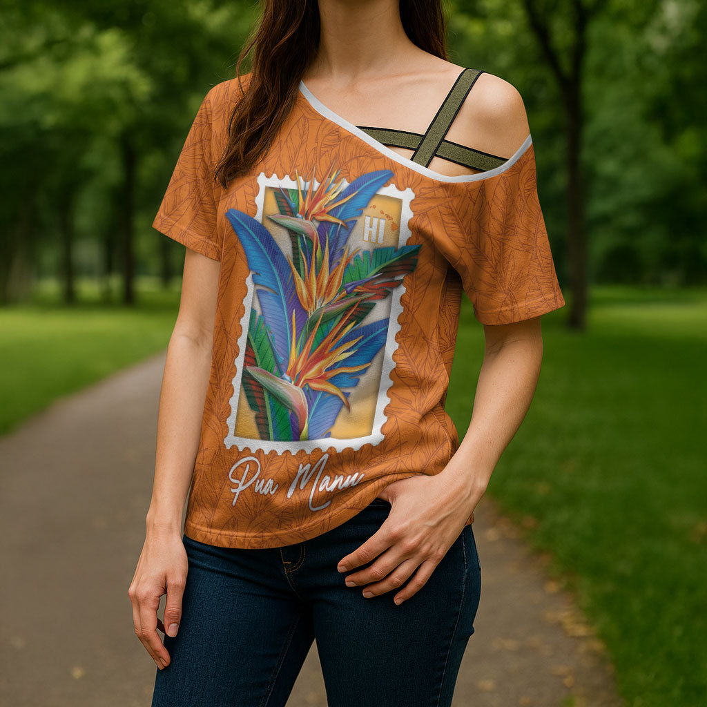 Aloha Hawaii Pua Manu Cross Shoulder Shirt Hawaiian Bird of Paradise Flowers Stylized Stamp LT14 - Polynesian Pride