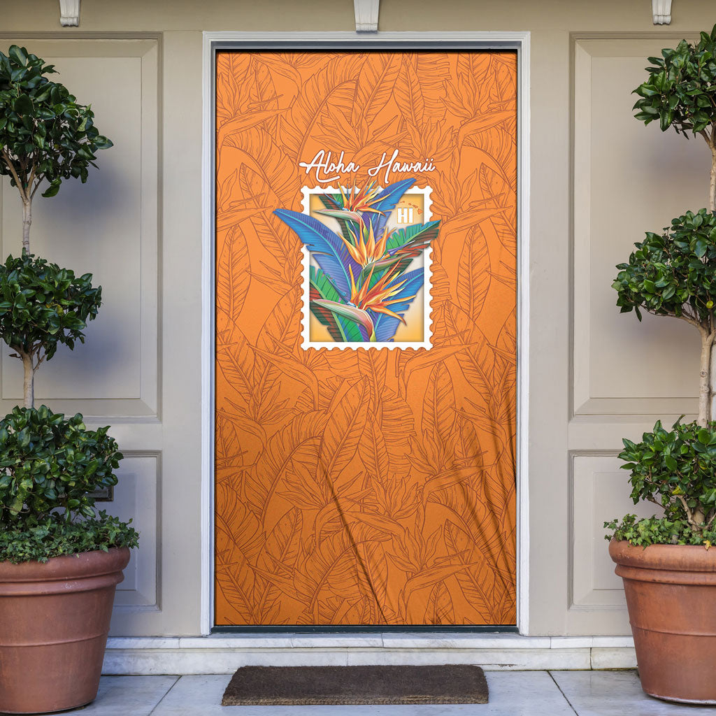 Aloha Hawaii Pua Manu Door Cover Hawaiian Bird of Paradise Flowers Stylized Stamp