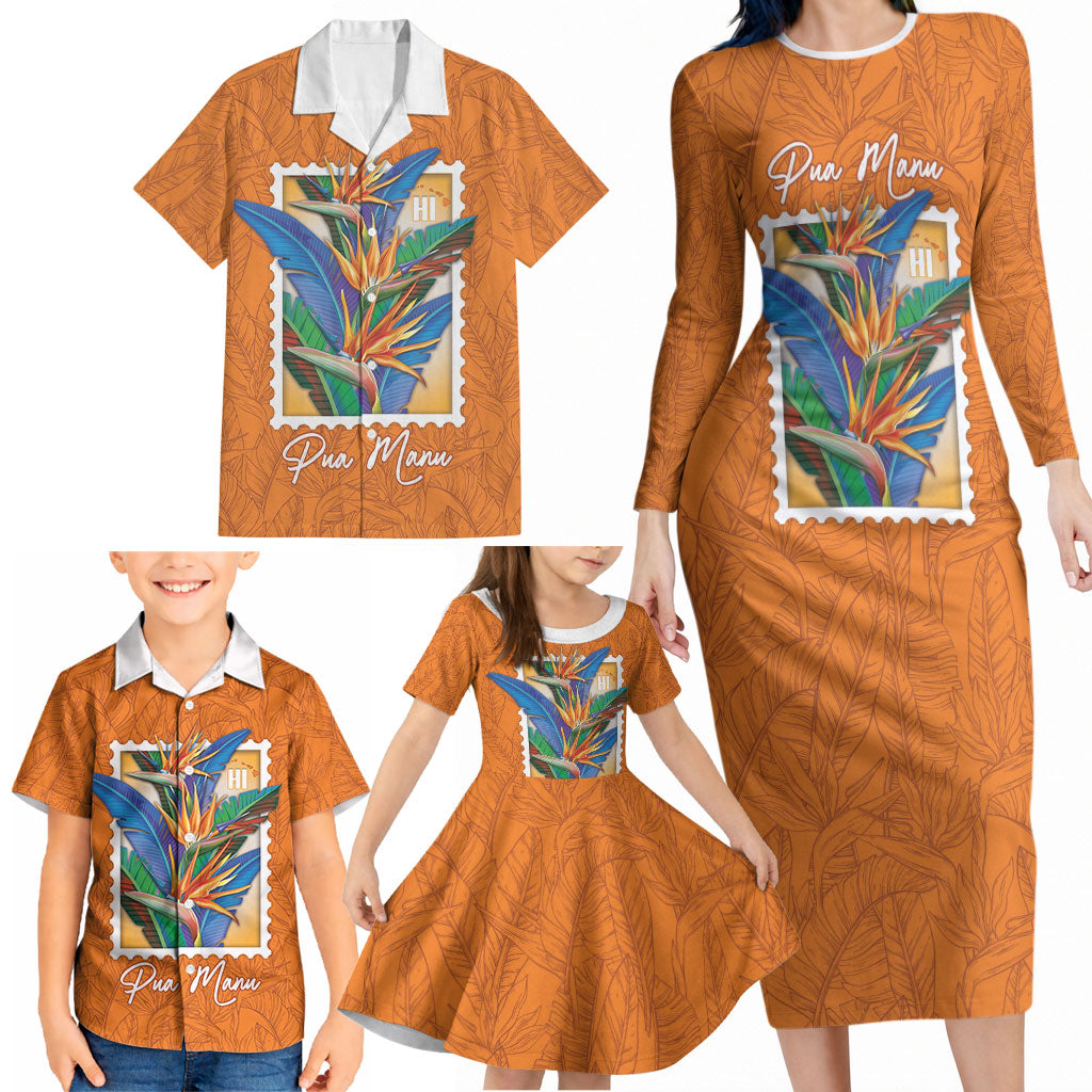 Aloha Hawaii Pua Manu Family Matching Long Sleeve Bodycon Dress and Hawaiian Shirt Hawaiian Bird of Paradise Flowers Stylized Stamp LT14 - Polynesian Pride