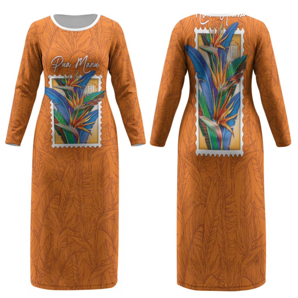 Aloha Hawaii Pua Manu Family Matching Long Sleeve Bodycon Dress and Hawaiian Shirt Hawaiian Bird of Paradise Flowers Stylized Stamp LT14 Mom's Dress Orange - Polynesian Pride