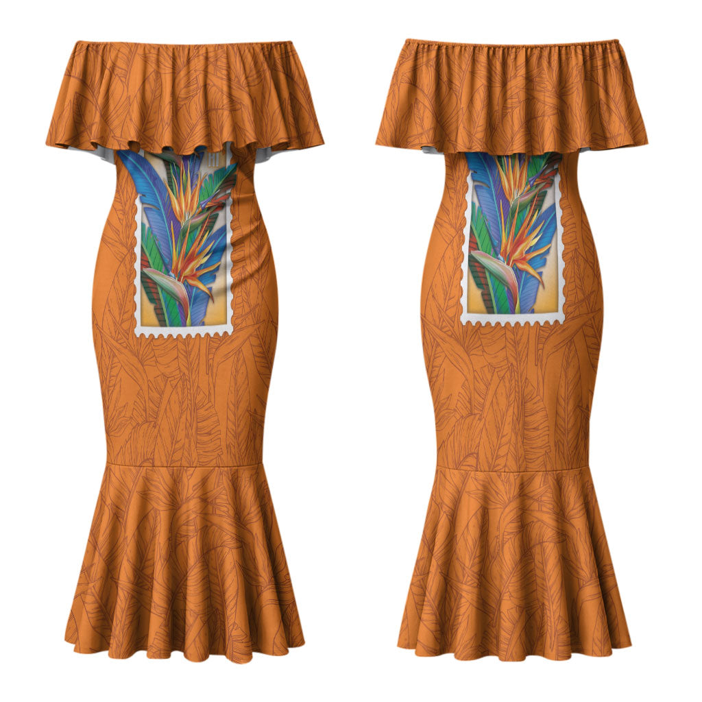 Aloha Hawaii Pua Manu Family Matching Mermaid Dress and Hawaiian Shirt Hawaiian Bird of Paradise Flowers Stylized Stamp LT14 Mom's Dress Orange - Polynesian Pride