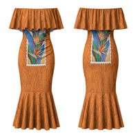 Aloha Hawaii Pua Manu Family Matching Mermaid Dress and Hawaiian Shirt Hawaiian Bird of Paradise Flowers Stylized Stamp LT14 Mom's Dress Orange - Polynesian Pride