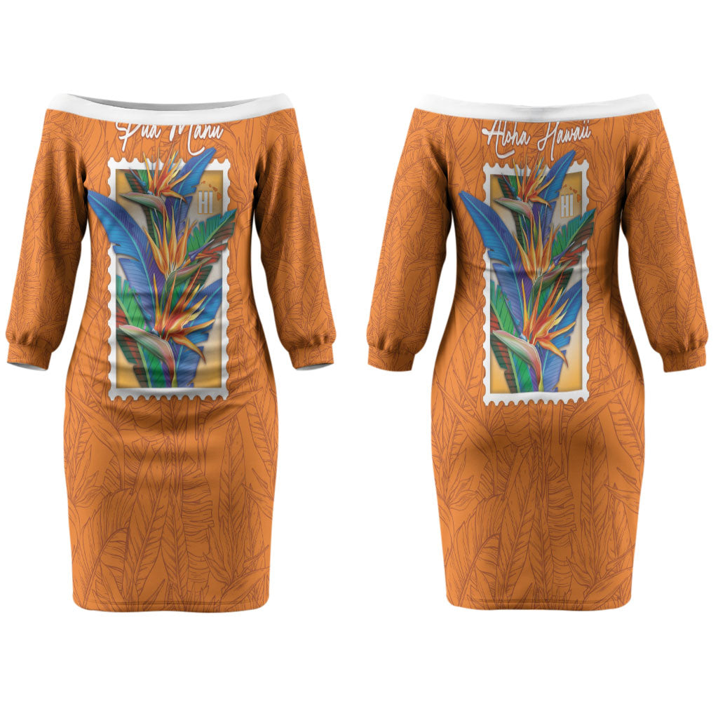 Aloha Hawaii Pua Manu Family Matching Off The Shoulder Long Sleeve Dress and Hawaiian Shirt Hawaiian Bird of Paradise Flowers Stylized Stamp LT14 Mom's Dress Orange - Polynesian Pride