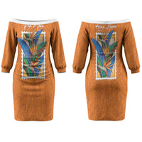Aloha Hawaii Pua Manu Family Matching Off The Shoulder Long Sleeve Dress and Hawaiian Shirt Hawaiian Bird of Paradise Flowers Stylized Stamp LT14 Mom's Dress Orange - Polynesian Pride