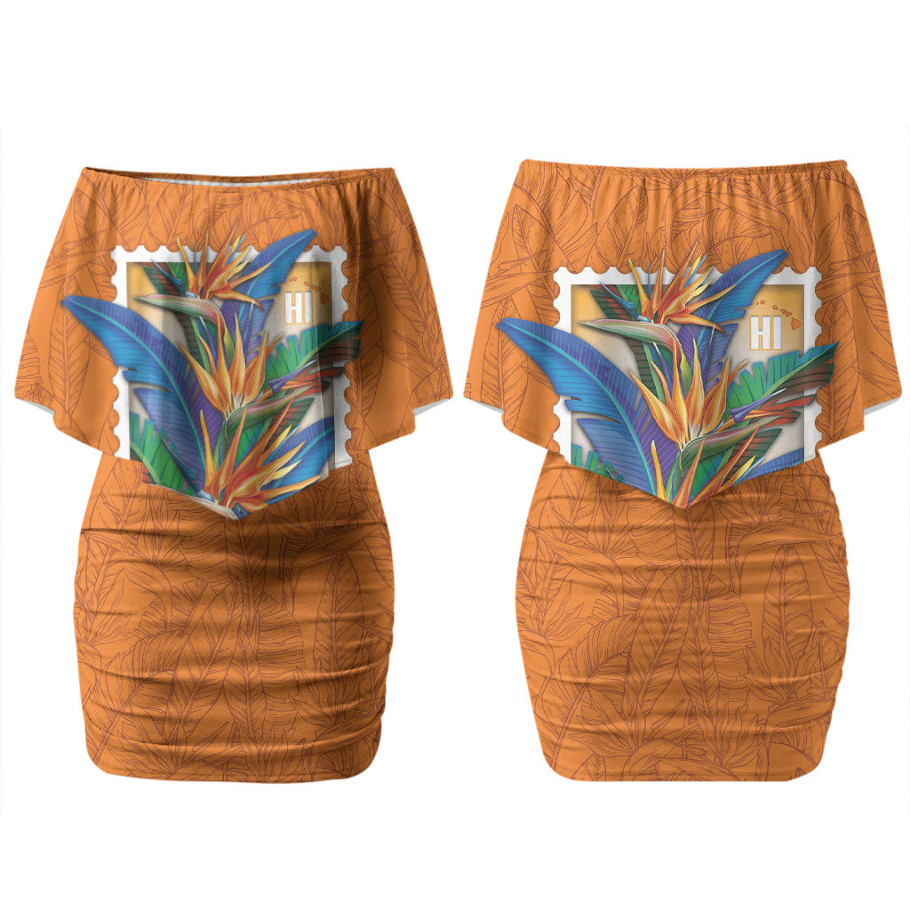 Aloha Hawaii Pua Manu Family Matching Off Shoulder Short Dress and Hawaiian Shirt Hawaiian Bird of Paradise Flowers Stylized Stamp LT14 Mom's Dress Orange - Polynesian Pride