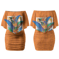 Aloha Hawaii Pua Manu Family Matching Off Shoulder Short Dress and Hawaiian Shirt Hawaiian Bird of Paradise Flowers Stylized Stamp LT14 Mom's Dress Orange - Polynesian Pride