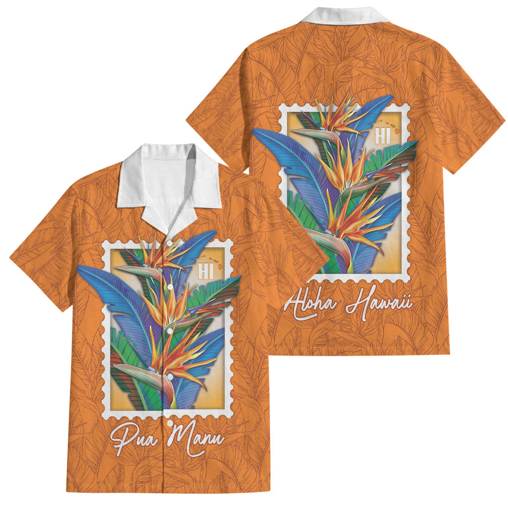 Aloha Hawaii Pua Manu Family Matching Off Shoulder Short Dress and Hawaiian Shirt Hawaiian Bird of Paradise Flowers Stylized Stamp LT14 Dad's Shirt - Short Sleeve Orange - Polynesian Pride