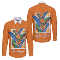 Aloha Hawaii Pua Manu Family Matching Off Shoulder Short Dress and Hawaiian Shirt Hawaiian Bird of Paradise Flowers Stylized Stamp LT14 Dad's Shirt - Long Sleeve Orange - Polynesian Pride