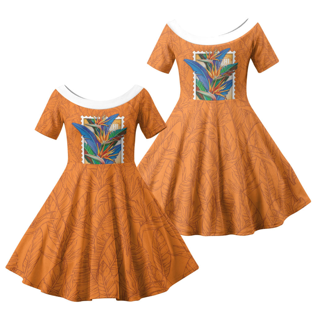Aloha Hawaii Pua Manu Family Matching Off Shoulder Short Dress and Hawaiian Shirt Hawaiian Bird of Paradise Flowers Stylized Stamp LT14 Daughter's Dress Orange - Polynesian Pride