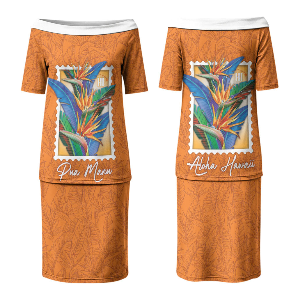 Aloha Hawaii Pua Manu Family Matching Puletasi and Hawaiian Shirt Hawaiian Bird of Paradise Flowers Stylized Stamp LT14 Mom's Dress Orange - Polynesian Pride