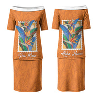 Aloha Hawaii Pua Manu Family Matching Puletasi and Hawaiian Shirt Hawaiian Bird of Paradise Flowers Stylized Stamp LT14 Mom's Dress Orange - Polynesian Pride
