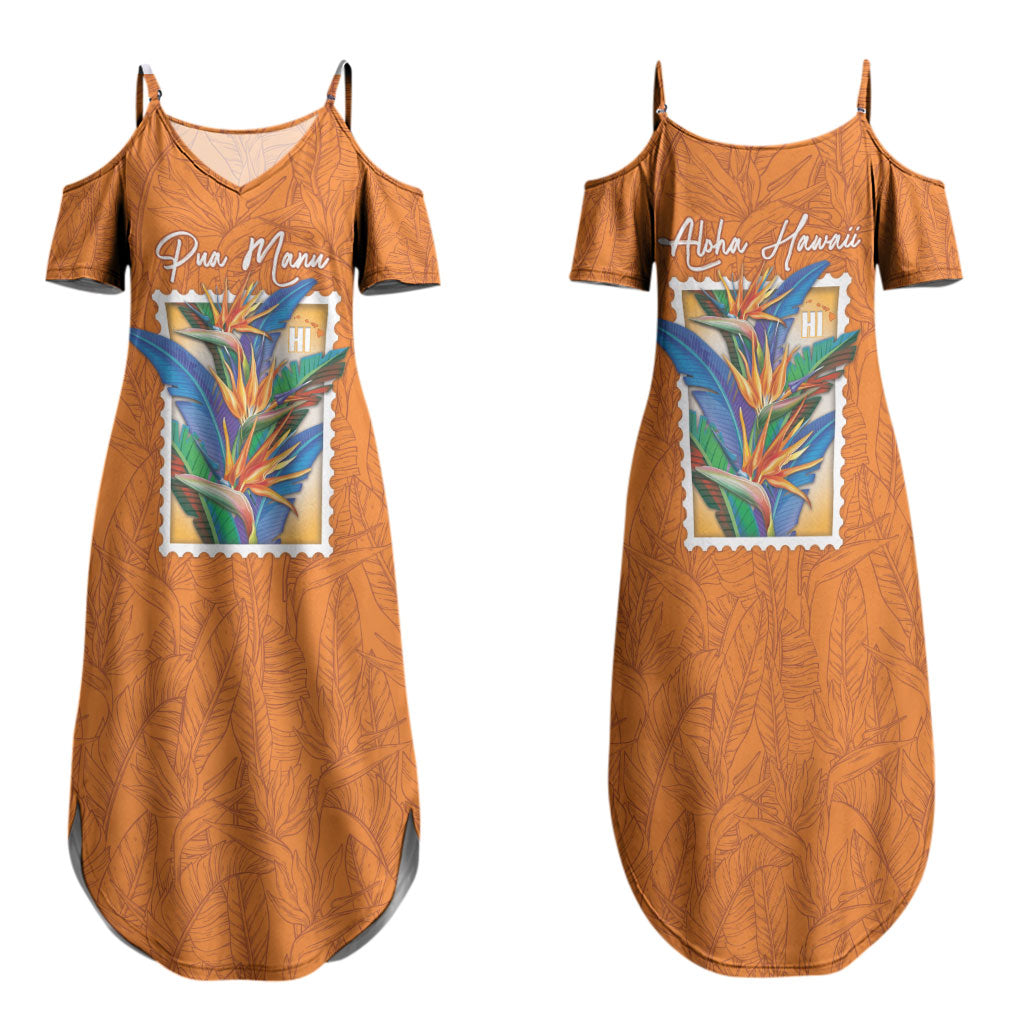 Aloha Hawaii Pua Manu Family Matching Summer Maxi Dress and Hawaiian Shirt Hawaiian Bird of Paradise Flowers Stylized Stamp LT14 Mom's Dress Orange - Polynesian Pride