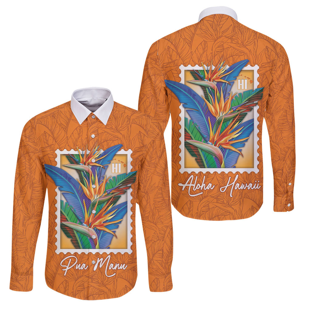 Aloha Hawaii Pua Manu Family Matching Summer Maxi Dress and Hawaiian Shirt Hawaiian Bird of Paradise Flowers Stylized Stamp LT14 Dad's Shirt - Long Sleeve Orange - Polynesian Pride
