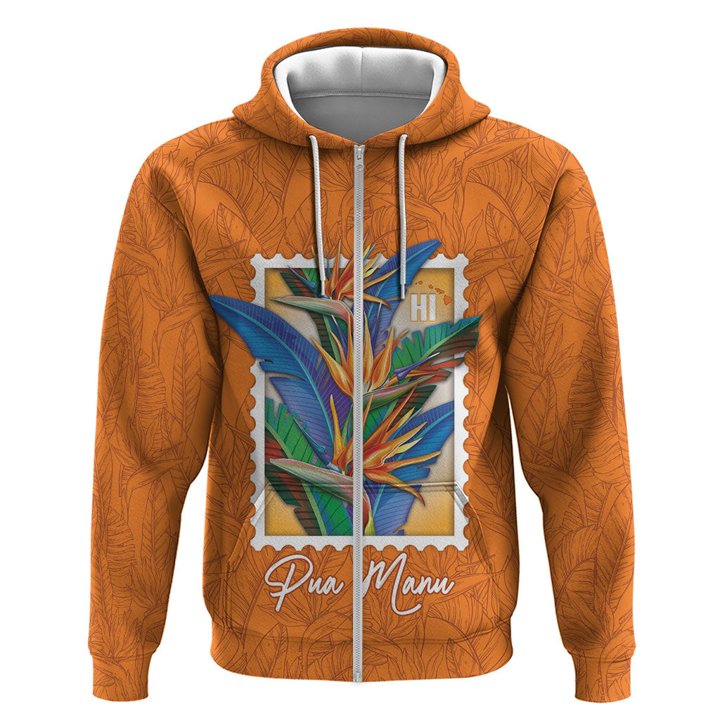 Aloha Hawaii Pua Manu Hoodie Hawaiian Bird of Paradise Flowers Stylized Stamp LT14 Zip Hoodie Orange - Polynesian Pride