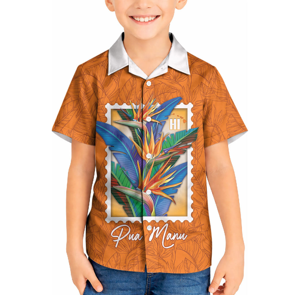 Aloha Hawaii Pua Manu Kid Hawaiian Shirt Hawaiian Bird of Paradise Flowers Stylized Stamp LT14 Kid Orange - Polynesian Pride