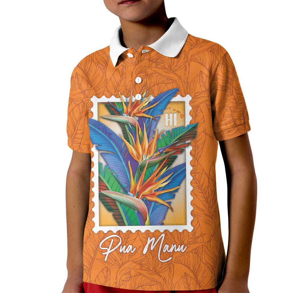 Aloha Hawaii Pua Manu Kid Polo Shirt Hawaiian Bird of Paradise Flowers Stylized Stamp LT14 Kid Orange - Polynesian Pride