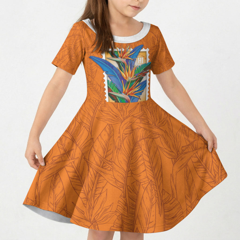 Aloha Hawaii Pua Manu Kid Short Sleeve Dress Hawaiian Bird of Paradise Flowers Stylized Stamp