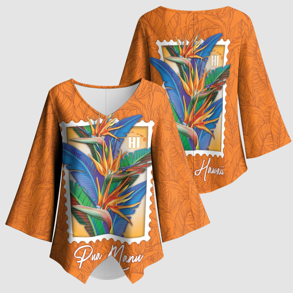 Aloha Hawaii Pua Manu Kimono Sleeve Blouse Hawaiian Bird of Paradise Flowers Stylized Stamp LT14 - Polynesian Pride