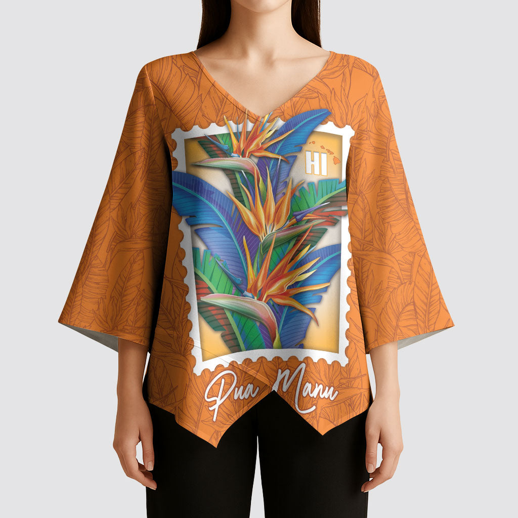 Aloha Hawaii Pua Manu Kimono Sleeve Blouse Hawaiian Bird of Paradise Flowers Stylized Stamp LT14 - Polynesian Pride
