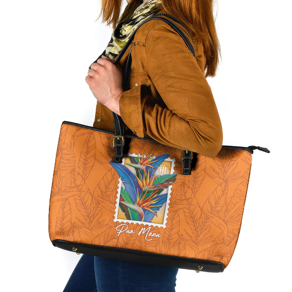 Aloha Hawaii Pua Manu Leather Tote Bag Hawaiian Bird of Paradise Flowers Stylized Stamp