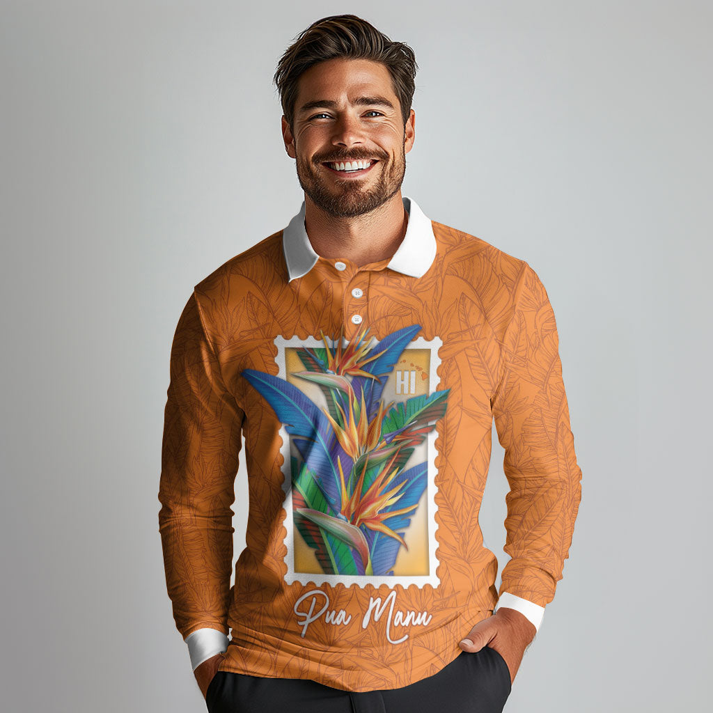 Aloha Hawaii Pua Manu Long Sleeve Polo Shirt Hawaiian Bird of Paradise Flowers Stylized Stamp LT14 - Polynesian Pride
