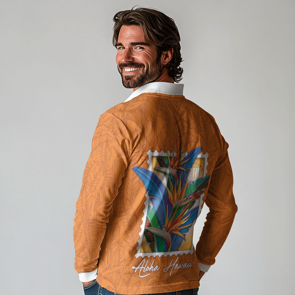 Aloha Hawaii Pua Manu Long Sleeve Polo Shirt Hawaiian Bird of Paradise Flowers Stylized Stamp LT14 - Polynesian Pride