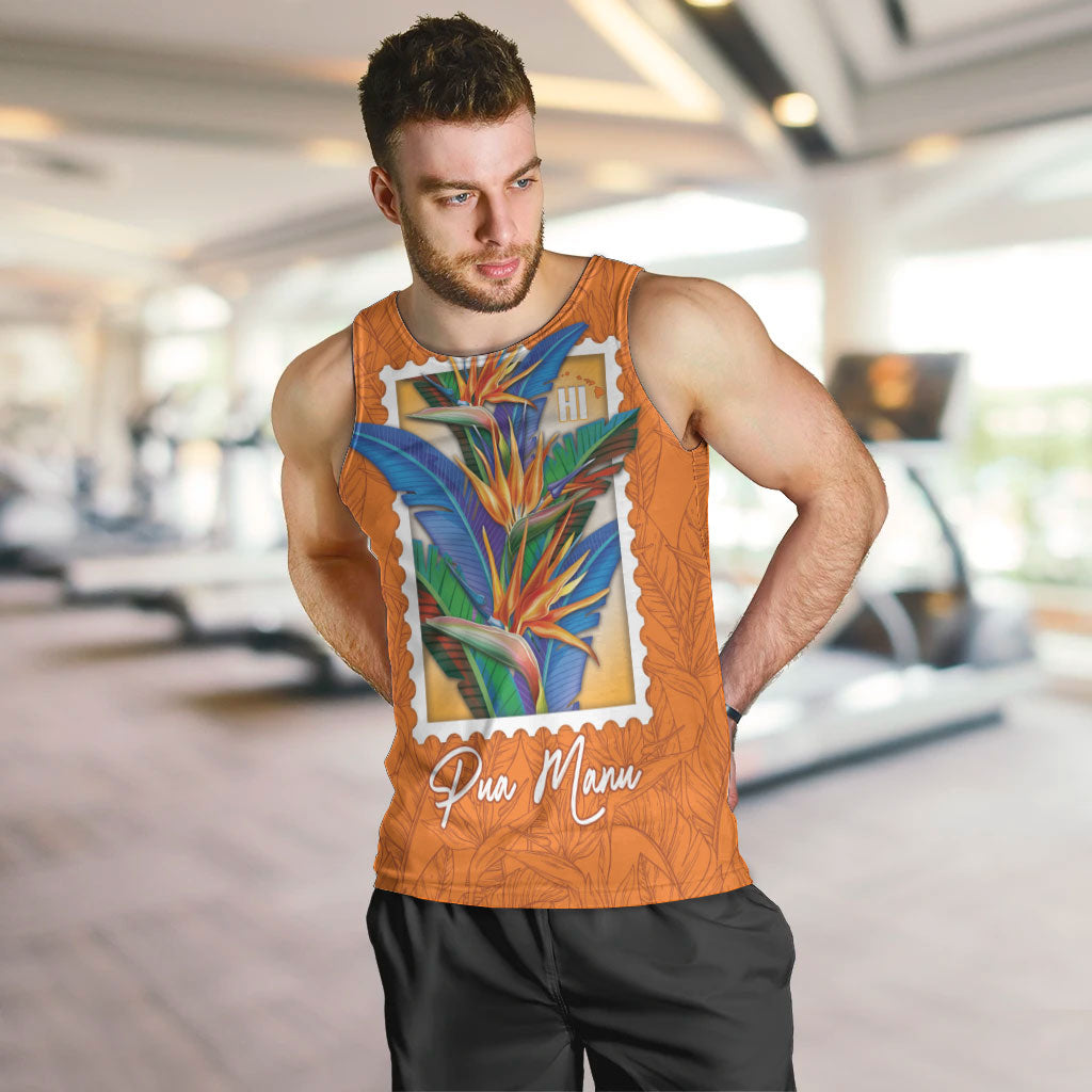 Aloha Hawaii Pua Manu Men Tank Top Hawaiian Bird of Paradise Flowers Stylized Stamp LT14 Orange - Polynesian Pride