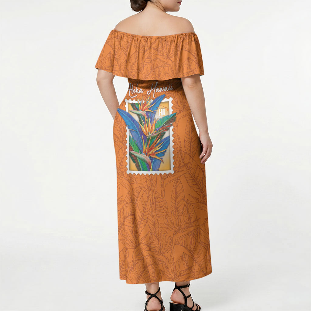 Aloha Hawaii Pua Manu Off Shoulder Maxi Dress Hawaiian Bird of Paradise Flowers Stylized Stamp LT14 - Polynesian Pride
