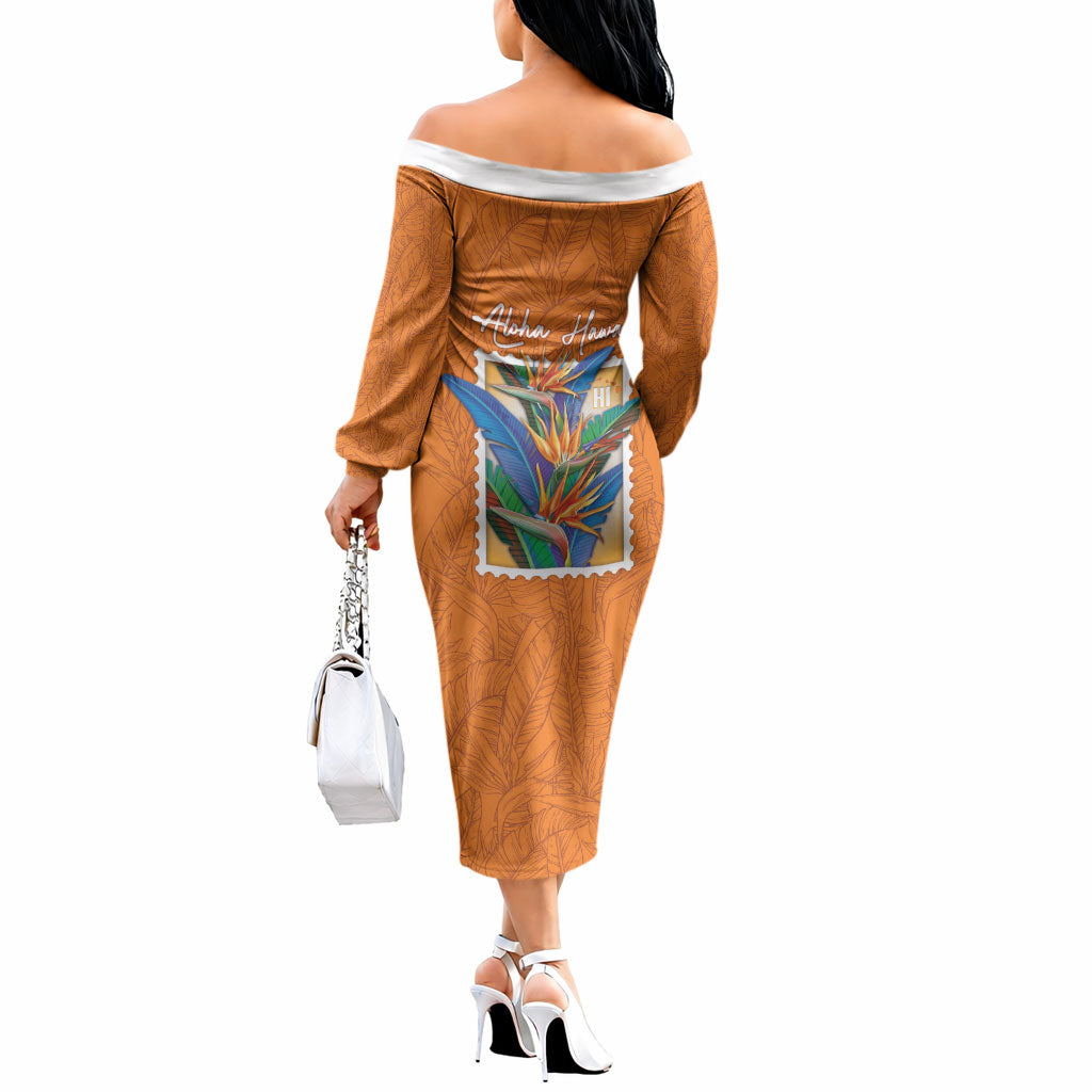 Aloha Hawaii Pua Manu Off The Shoulder Long Sleeve Dress Hawaiian Bird of Paradise Flowers Stylized Stamp LT14 - Polynesian Pride