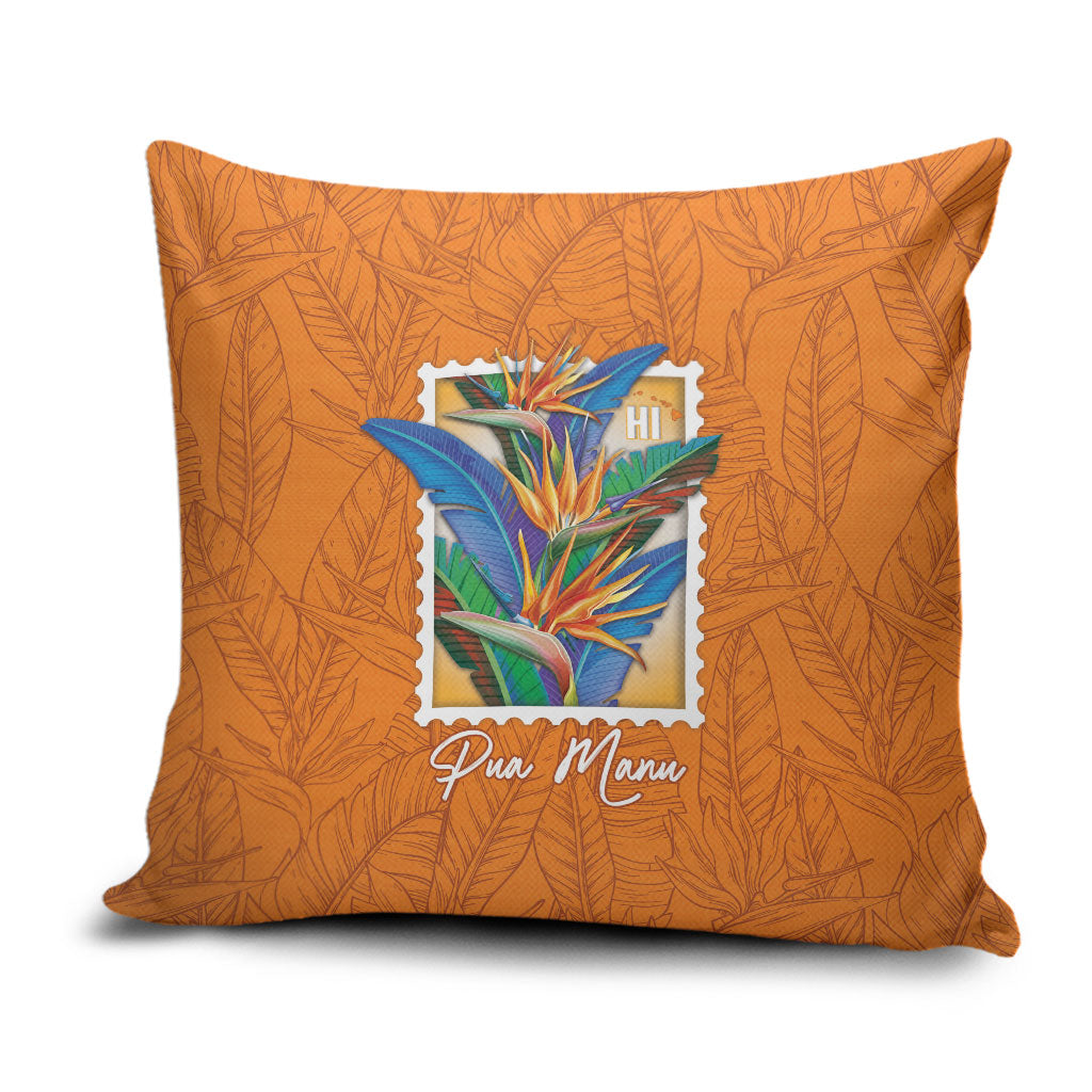 Aloha Hawaii Pua Manu Pillow Cover Hawaiian Bird of Paradise Flowers Stylized Stamp