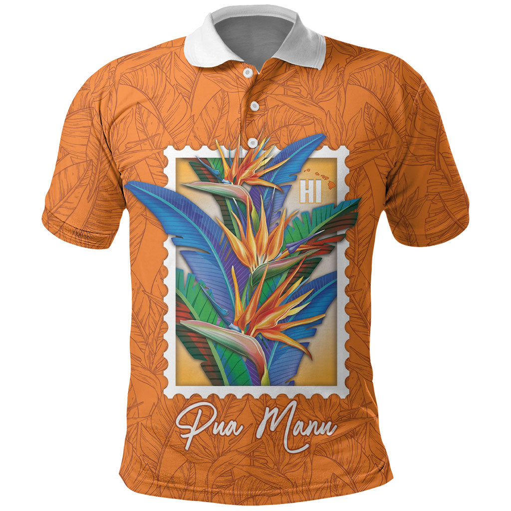 Aloha Hawaii Pua Manu Polo Shirt Hawaiian Bird of Paradise Flowers Stylized Stamp LT14 Orange - Polynesian Pride