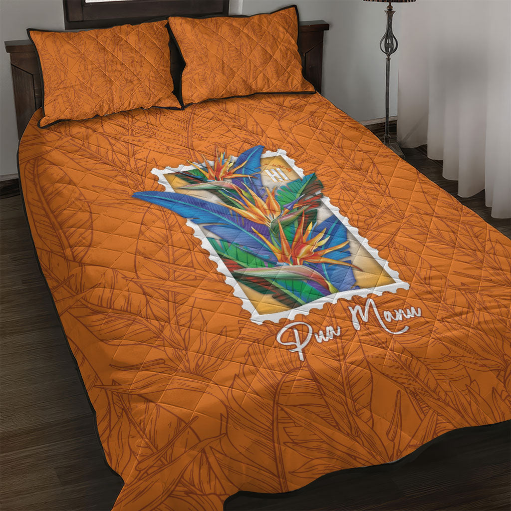 Aloha Hawaii Pua Manu Quilt Bed Set Hawaiian Bird of Paradise Flowers Stylized Stamp LT14 Orange - Polynesian Pride