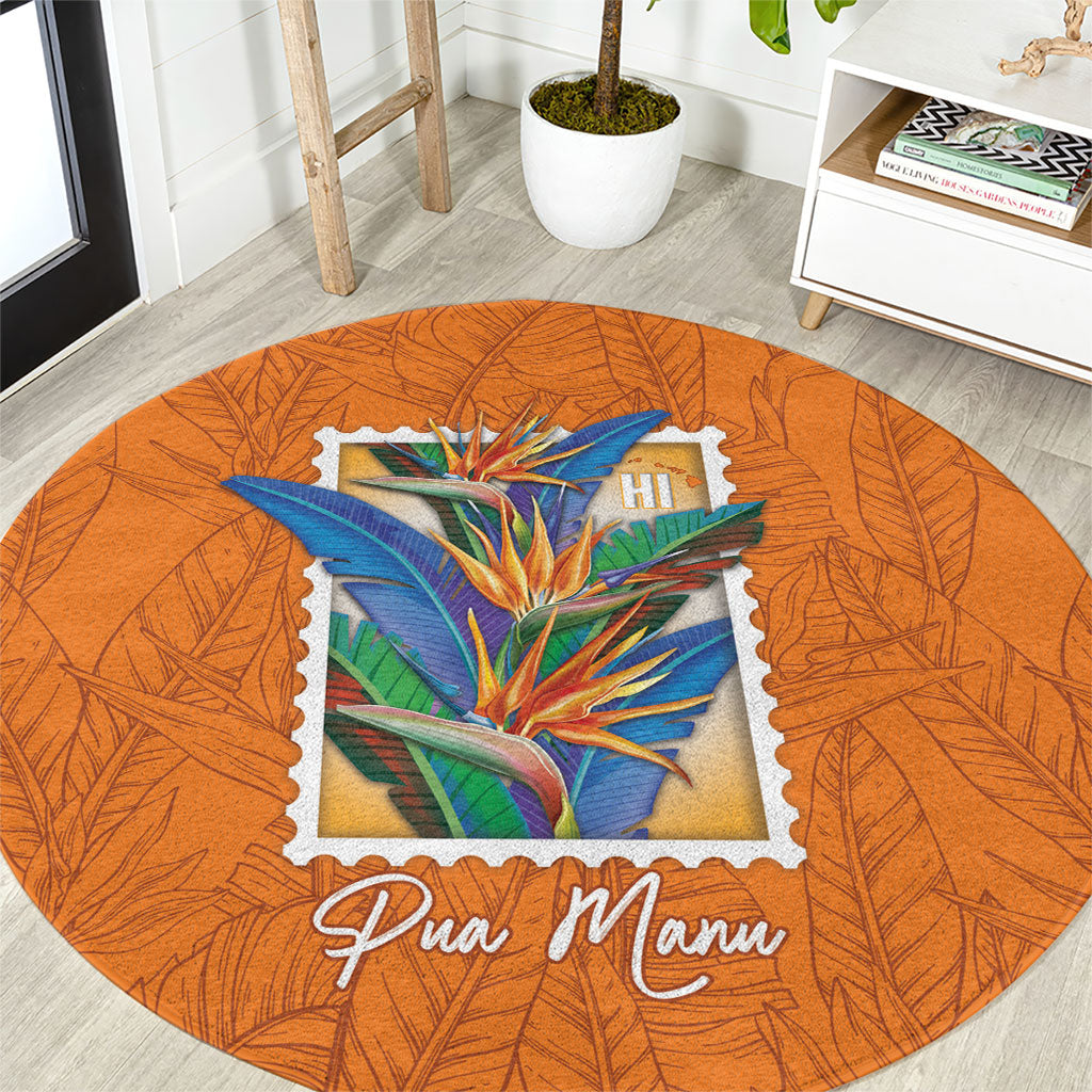Aloha Hawaii Pua Manu Round Carpet Hawaiian Bird of Paradise Flowers Stylized Stamp