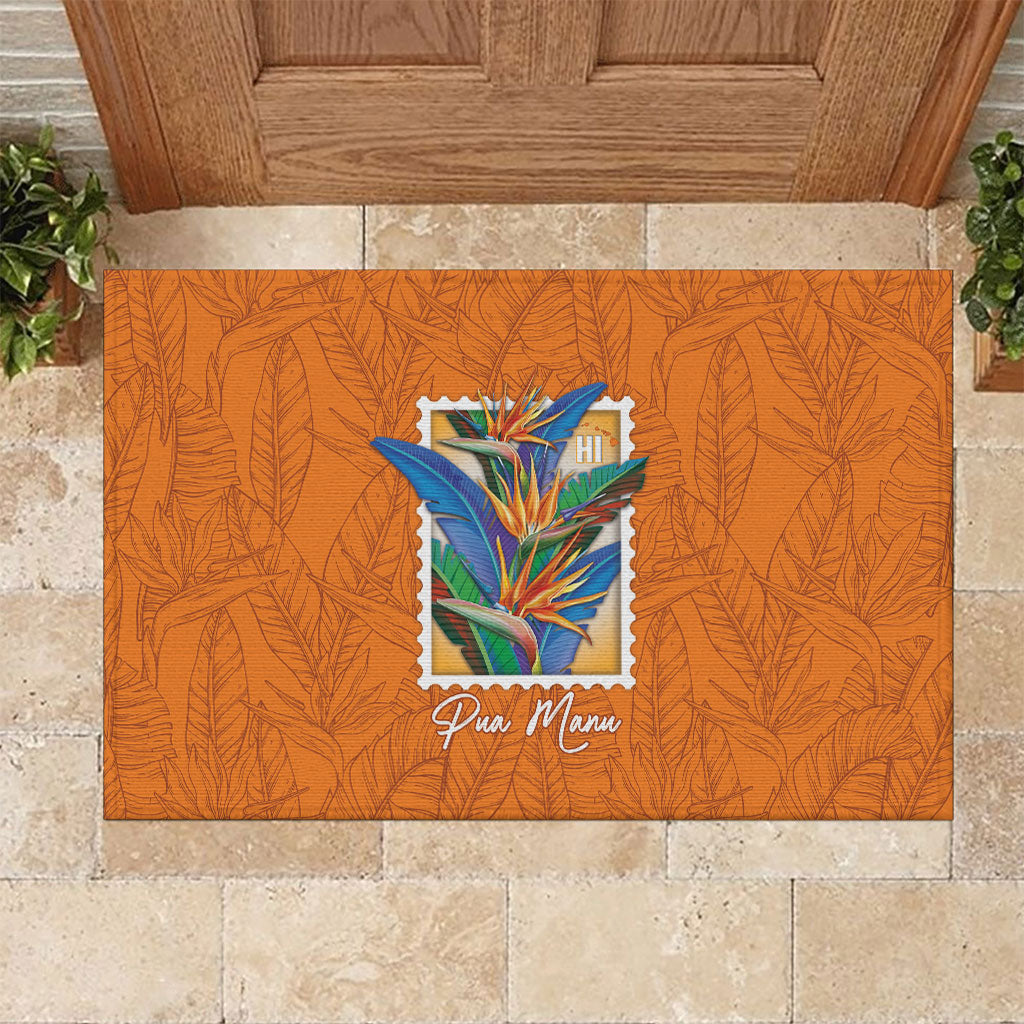 Aloha Hawaii Pua Manu Rubber Doormat Hawaiian Bird of Paradise Flowers Stylized Stamp LT14 Orange - Polynesian Pride