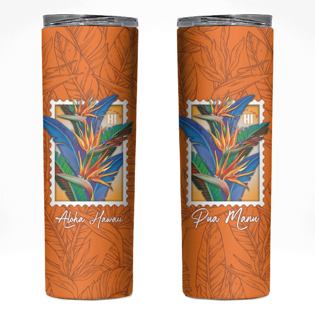 Aloha Hawaii Pua Manu Skinny Tumbler Hawaiian Bird of Paradise Flowers Stylized Stamp LT14 Orange - Polynesian Pride